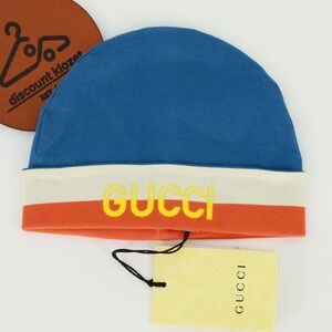 Gucci Kids Sapphire Orange Jersey Beanie Hat Logo Print Cotton Size Small NWT